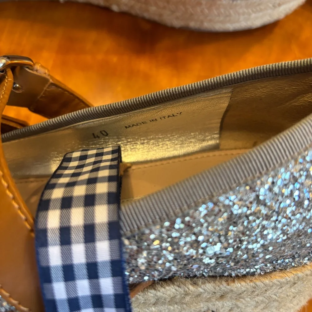 Miu Miu Silver Glitter Espadrille Platform Flats with Brown Straps